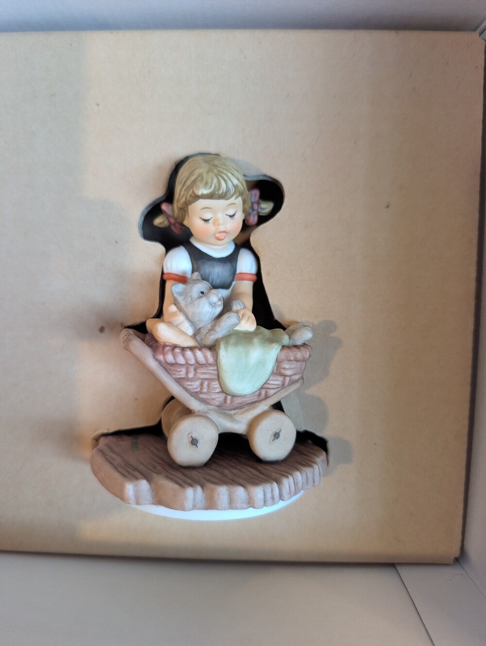 Hummel Hand-Painted Girl with Teddy in Wheelbarrow Figurine - Cream & Black